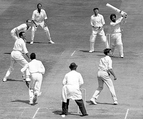 Bishen Singh Bedi slogs the ball. 3rd in the list with 20 ducks (Photo Source: PA Photos)