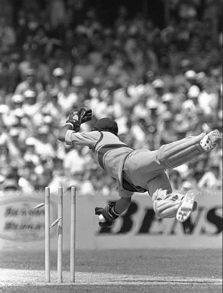 Jeff Dujon makes a dive to make a run out (Photo Source: Getty Images)