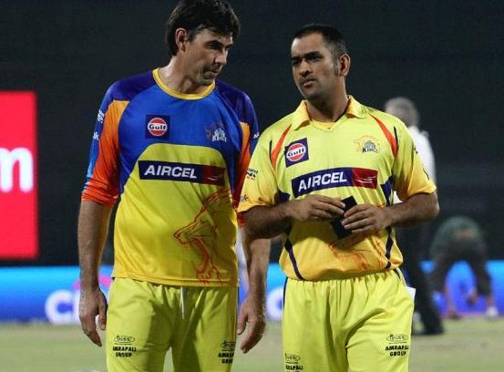 MS Dhoni with Stephen Fleming